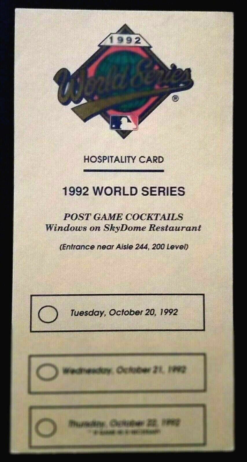 1992 World Series Baseball Hospitality Card Toronto Blue Jays Vs Atlanta Braves
