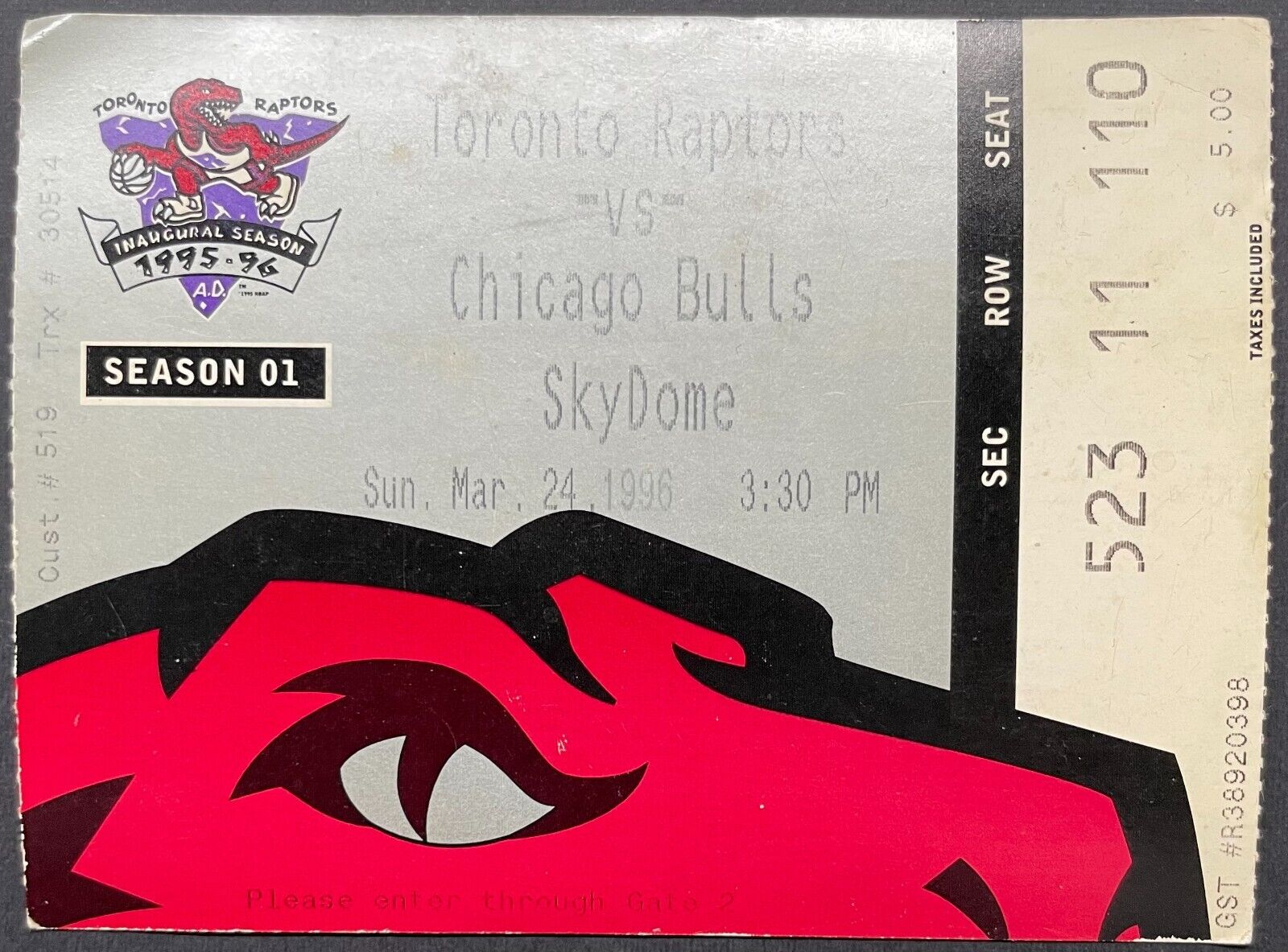 1996 Toronto Raptors Chicago Bulls Inaugural Season Ticket Stub Michae ...