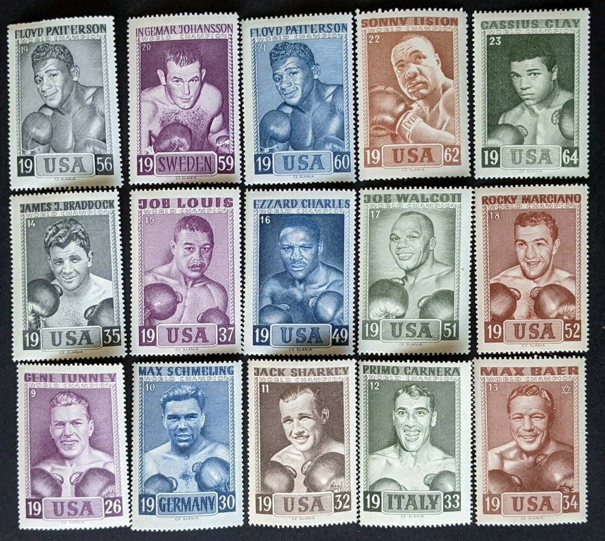 1964 Collection of 15 Heavyweight Boxing Champion Slania Stamps Muhamm ...