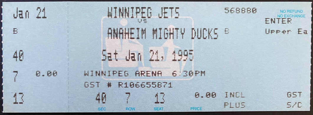 1995 Winnipeg Arena Hockey Ticket Paul Kariya 2nd NHL Game + Goal Mighty Ducks