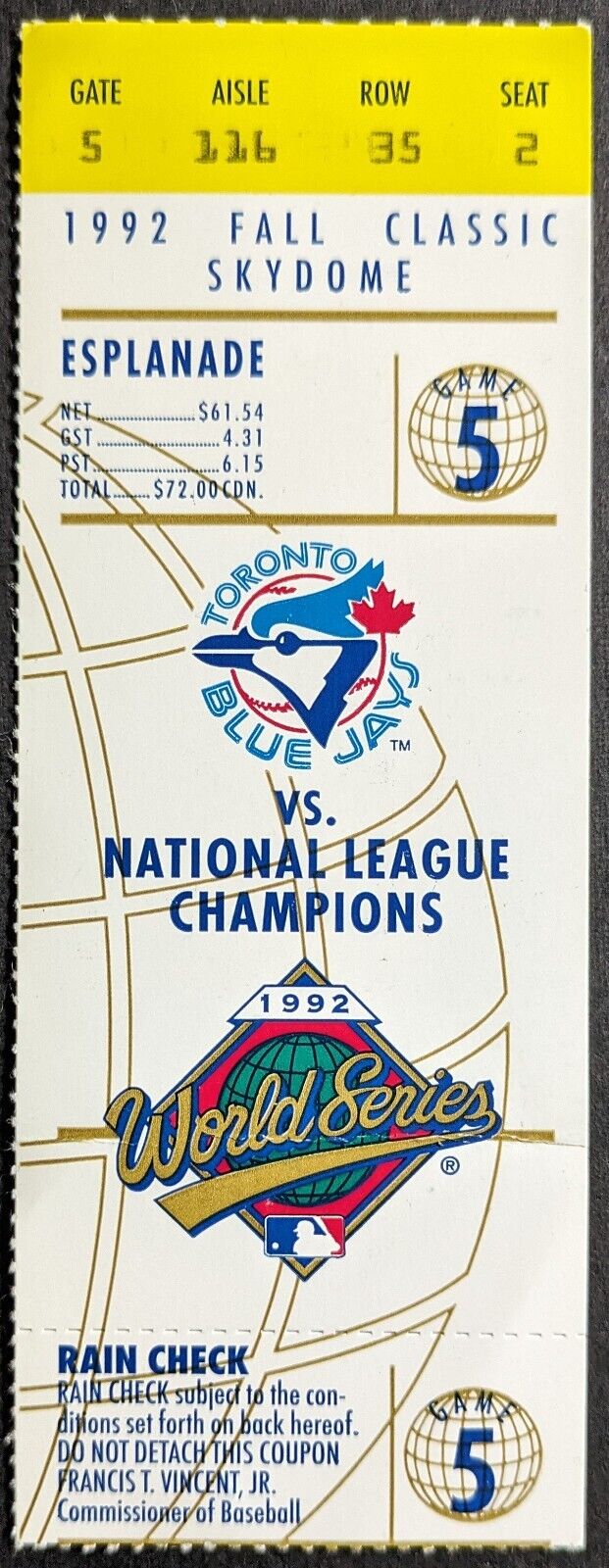 1992 World Series Game 5 MLB Toronto Blue Jays Atlanta Braves Ticket Vintage