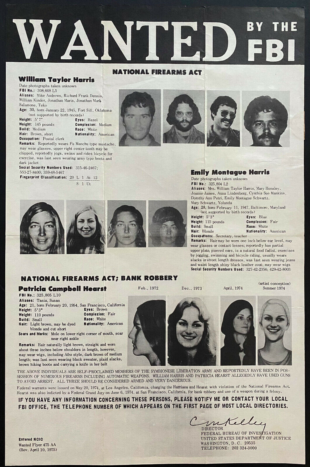 1975 Patty Hearst Vintage Original FBI Wanted Poster Symbionese Liberation Army