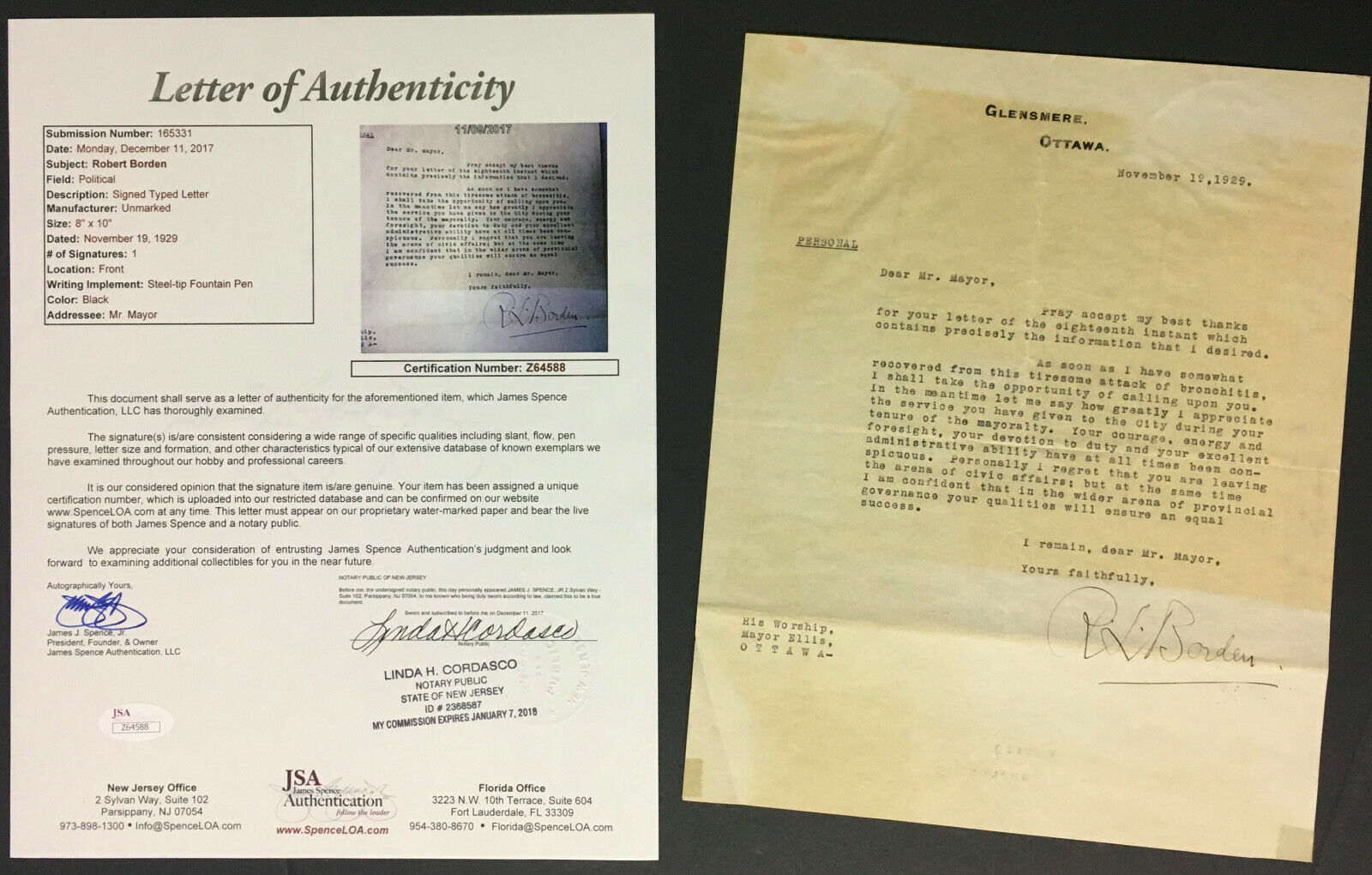 Robert Borden Signed Letter Prime Minister 1929 Ottawa Mayor Canada JS ...