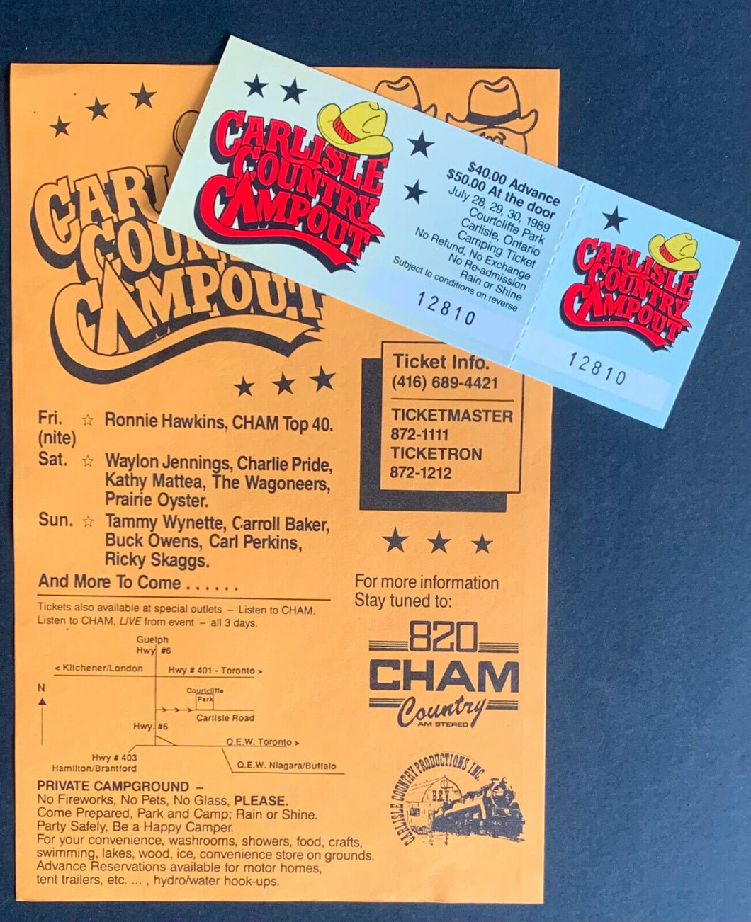 1989 Handbill + Unused Ticket 3 Day Country Music Festival Courtcliffe Park