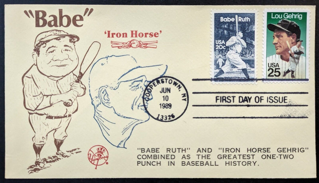 1989 Babe Ruth Lou Gehrig U.S. Post Office First Day Cover Cachet Cooperstown