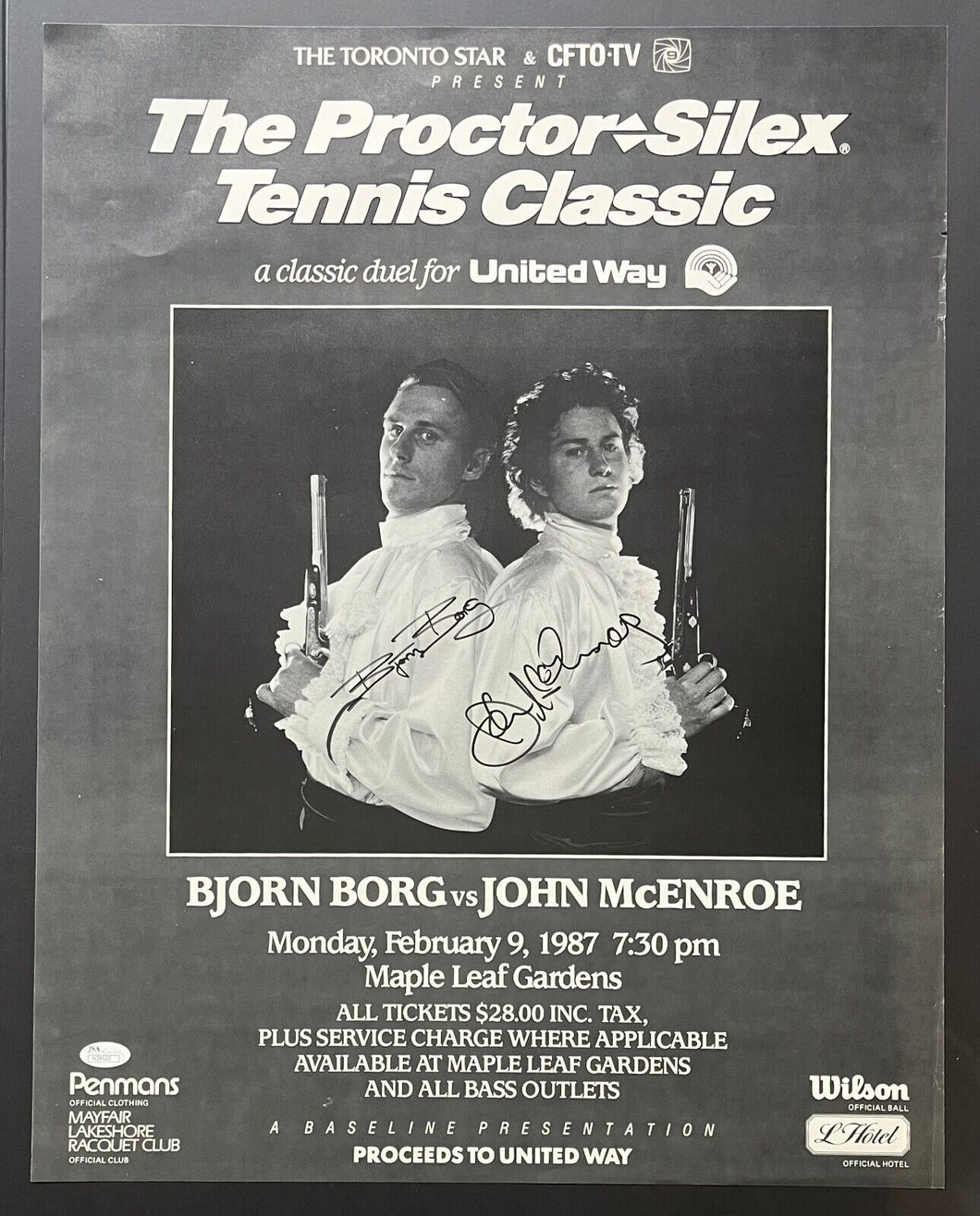 Bjorn Borg + John Mcenroe Dual Signed Proctor Silex Tennis Classic Poster JSA