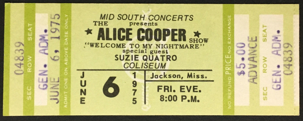 1975 Alice Cooper Welcome To My Nightmare Tour Concert Ticket Suzie Quatro Guest