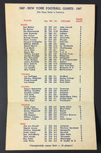 Load image into Gallery viewer, Rare 1947 NFL Roster Card New York Giants Football Team Issued Vintage Vtg
