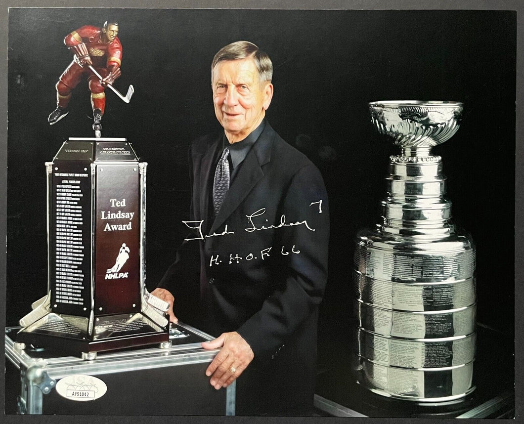 Ted Lindsay Signed NHL Hockey Award Trophies Photo Autographed HHOF 66 Insc. JSA