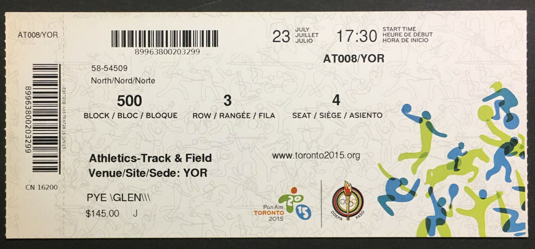 2015 Pan Am Toronto Athletics Track & Field Ticket Canada