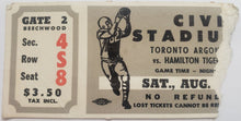 Load image into Gallery viewer, 1966 Civic Stadium Toronto Argonauts vs Hamilton Tiger Cats CFL Football Ticket
