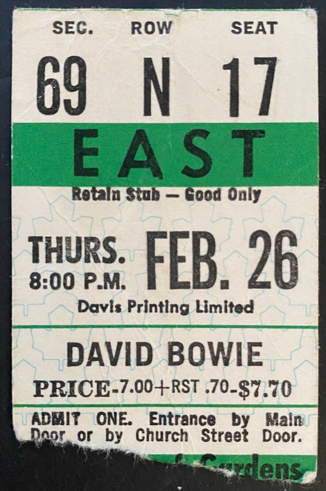 Feb 26 1976 Maple Leaf Gardens David Bowie Concert Ticket Stub Vintage