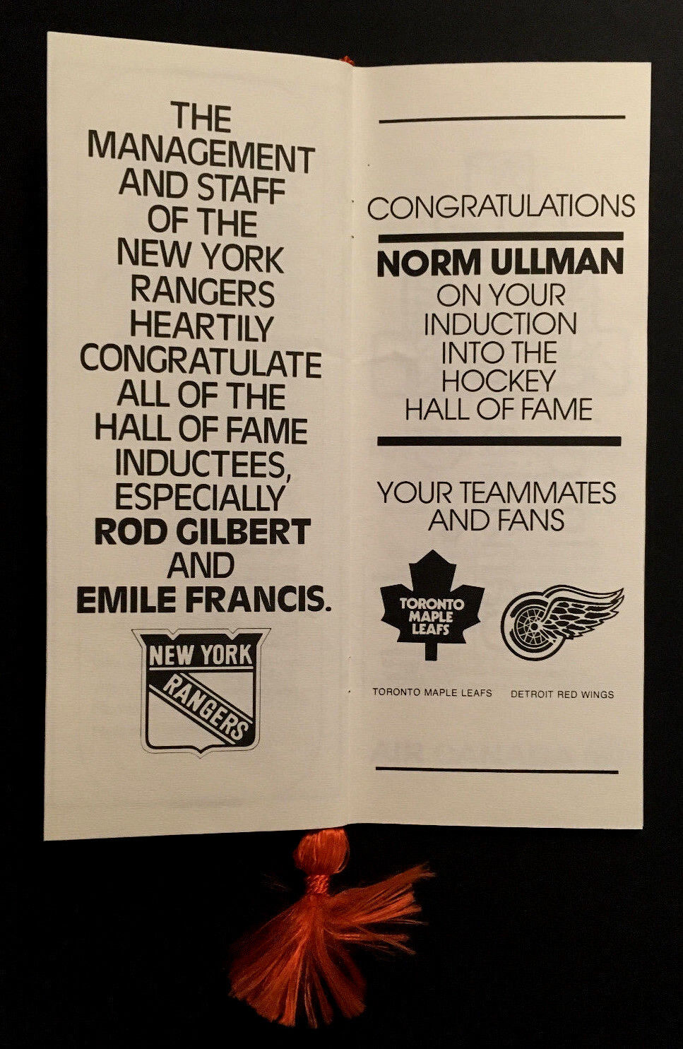 1982 Hockey HOF Induction Ceremony Program Cournoyer Gilbert Francis Ullman