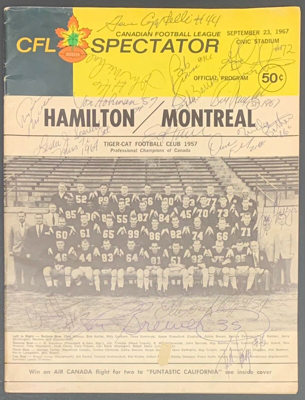 1967 Hamilton Tiger-Cats Autographed Signed Program CFL Football VTG Grey Cup