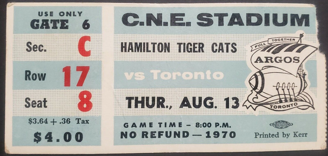1970 C.N.E. Stadium Hamilton Tiger Cats vs Toronto Argonauts CFL Football Ticket
