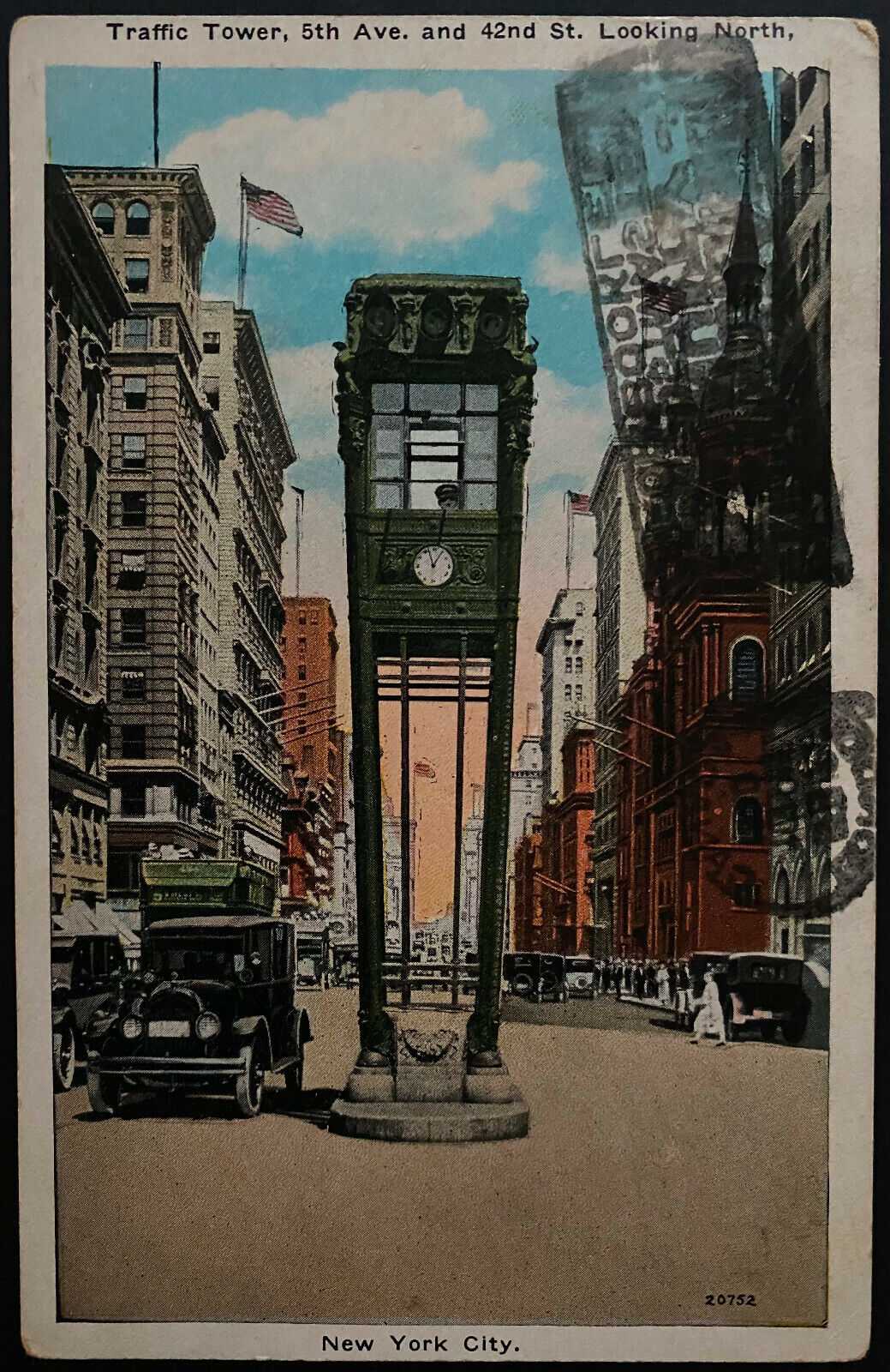1920's Postcard Traffic Tower 5th Avenue & 42nd Street New York City Post Card