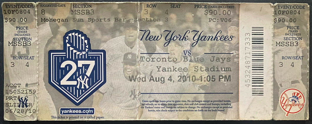 08/4/2010 New York Yankees MLB Baseball Ticket Alex Rodriguez 600th Home Run