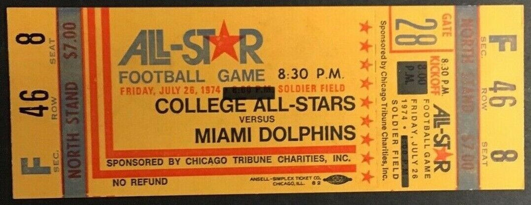 1974 NCAA Football Ticket College All-Stars v Miami Dolphins Soldier Field