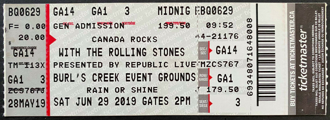 Unused Rolling Stones June 29th 2019 Concert Ticket Canada Burl's Creek