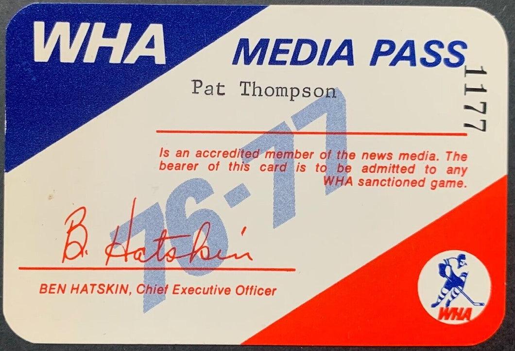 1970s WHA Media Press Pass World Hockey Association Ben Hatskin Autograph