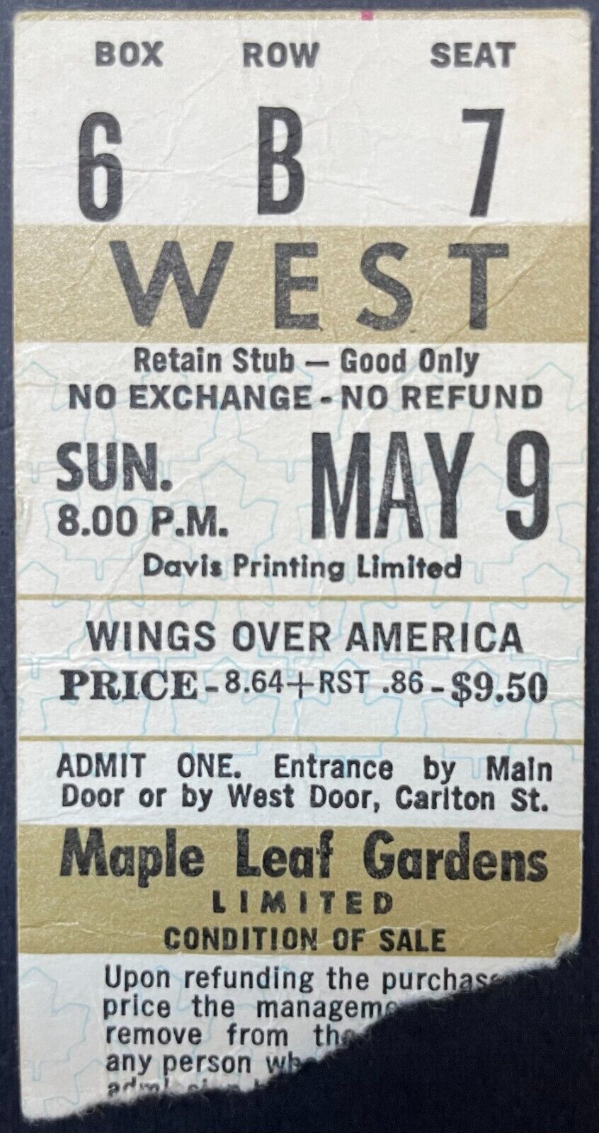 May 9 1976 Paul McCartney Wings Concert Ticket Stub Maple