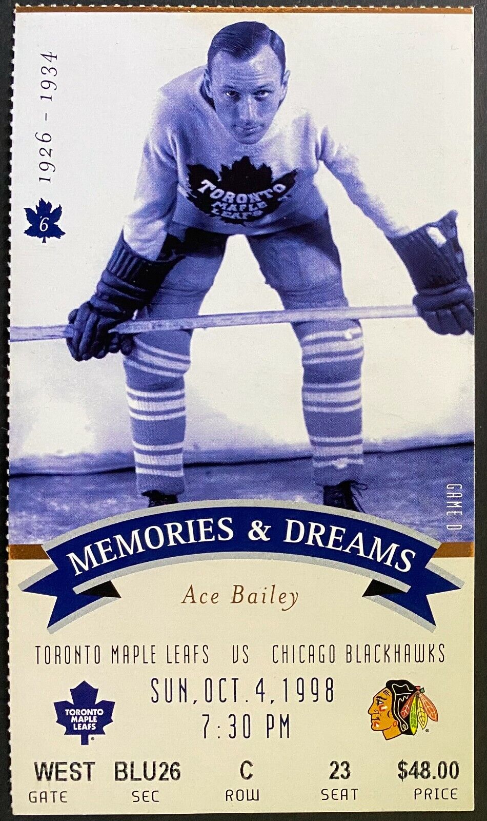 1998 NHL Hockey Final MLG Season Toronto Maple Leafs Preseason Ticket Ace Bailey