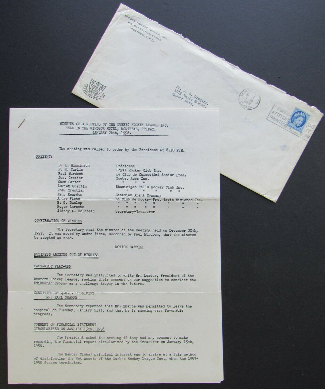 1958 Historical Quebec Hockey League Meeting Documents + Original Envelope Vtg