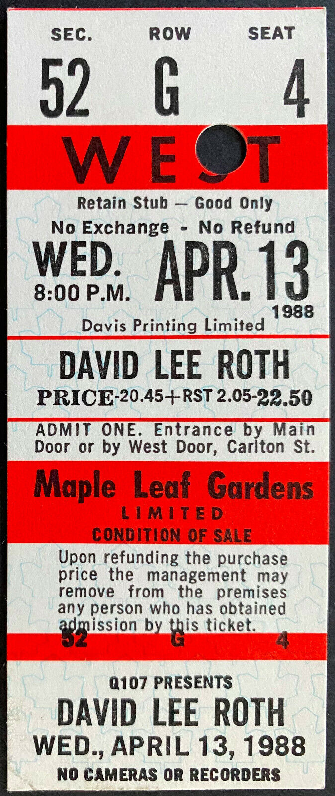 Unused 1988 Maple Leaf Gardens David Lee Roth Concert Ticket Toronto Rock VTG