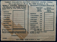 1933 Turret Cigarette Pack NHL Contest Ballot Goals Scored By Team Vintage