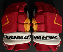 Load image into Gallery viewer, 2022 Matthew Tkachuk Game Worn Sherwood Code V Hockey Gloves Calgary Flames NHL
