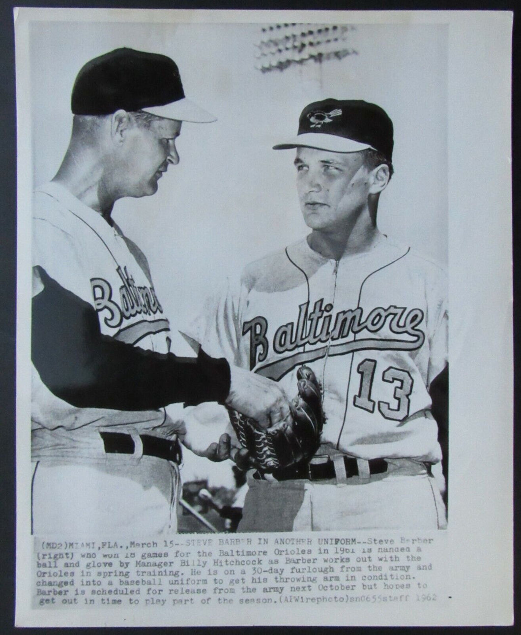 1962 MLB Baseball Baltimore Orioles Spring Training Wire Photo - Steve Barber