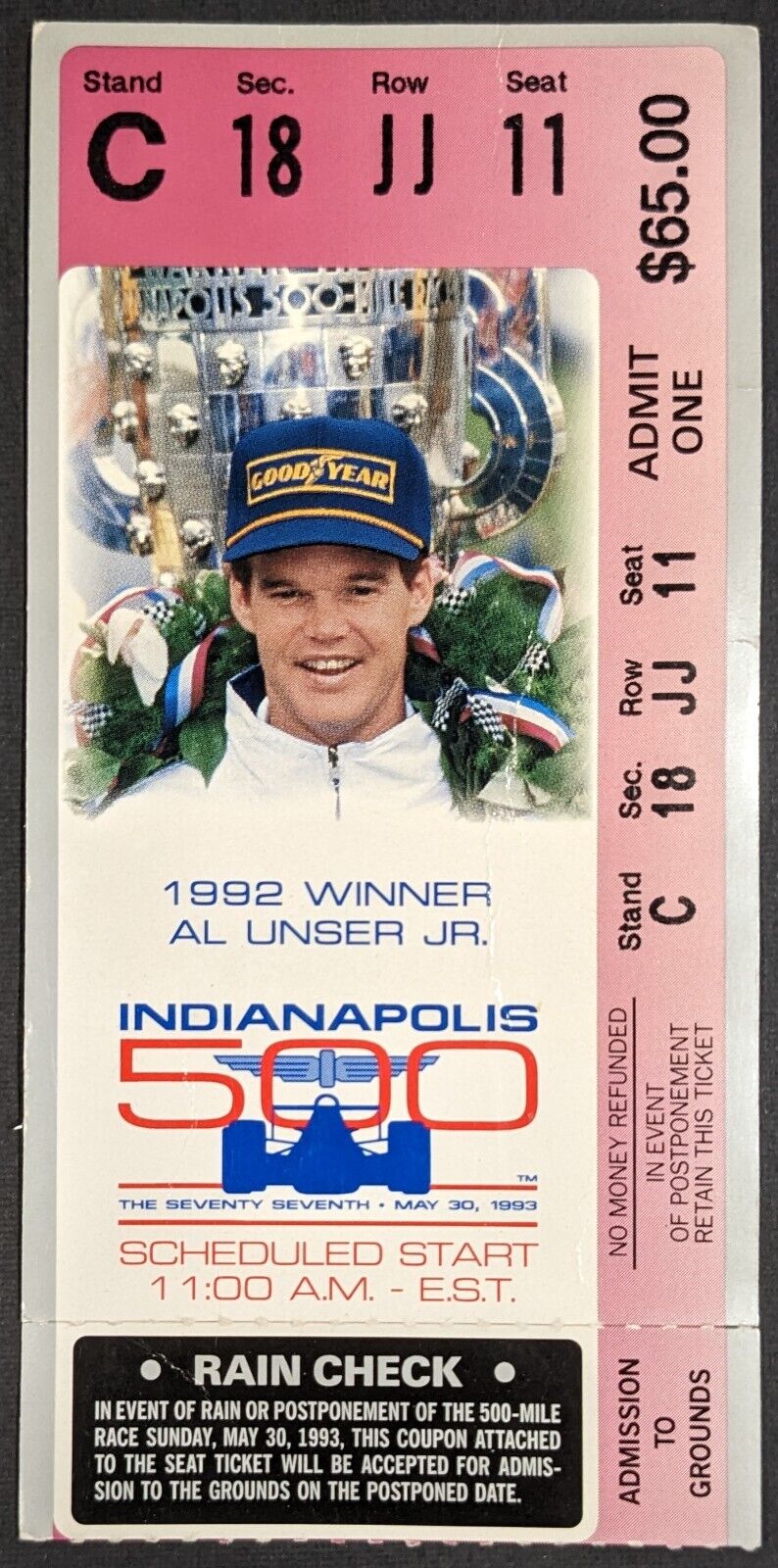 1993 Indy 500 Racing Ticket Al Unser Jr. Pictured Indianapolis Fittipaldi Wins