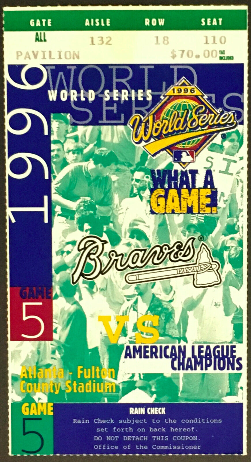 1996 World Series Game 5 Ticket Fulton County Stadium Atlanta Braves vs Yankees