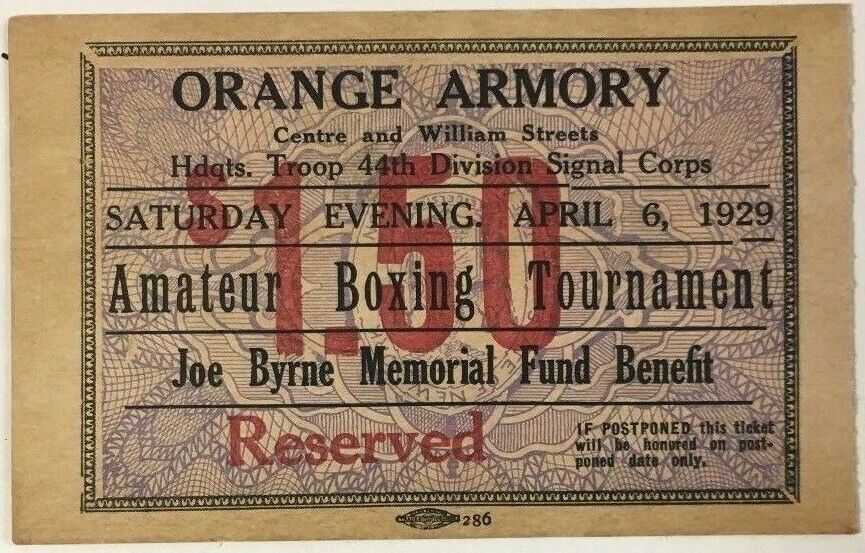 1929 Orange Armory Amateur Boxing Tournament Pass Joe Byrne Memorial Fund Ticket