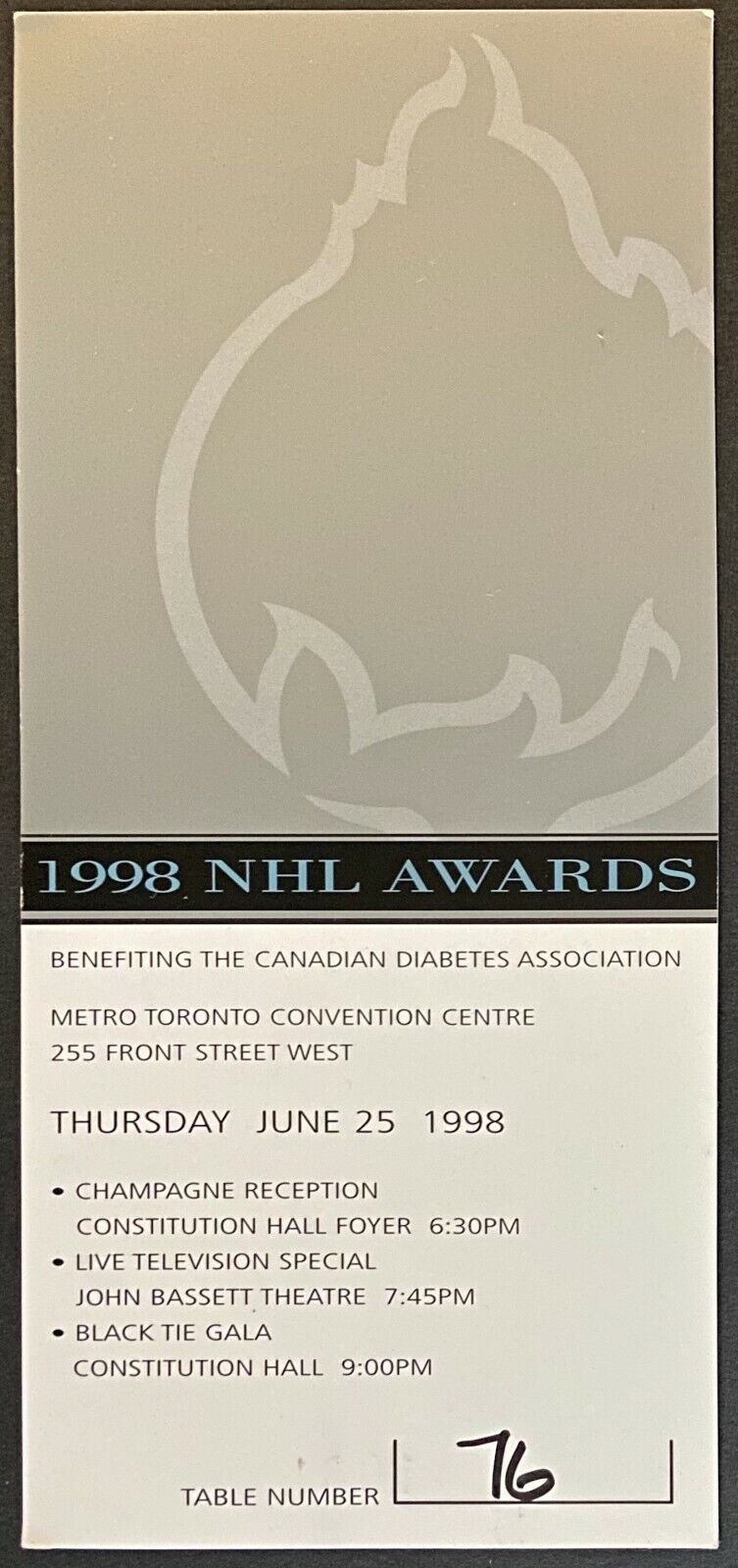 1998 NHL Hockey Awards Dinner VIP Ticket + Advertiser Card Dominik Hasek MVP