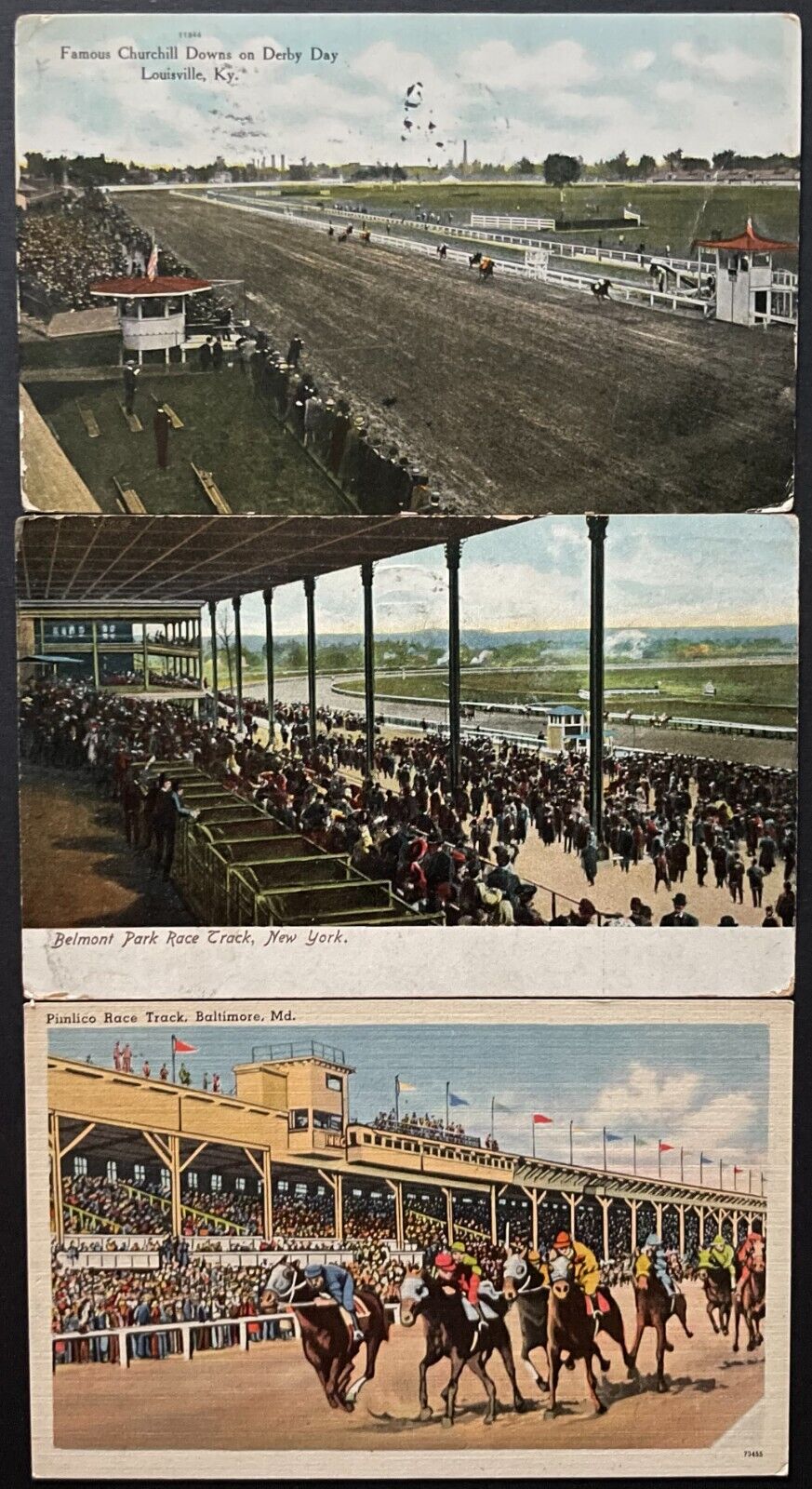 3 Early 1900s Triple Crown Postcards Churchill Downs Pimlico Belmont Race Tracks