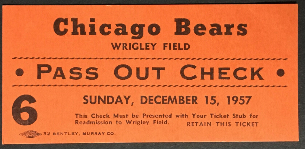 1957 Wrigley Field Football Pass Out Check Ticket Chicago Bears vs Lions NFL VTG