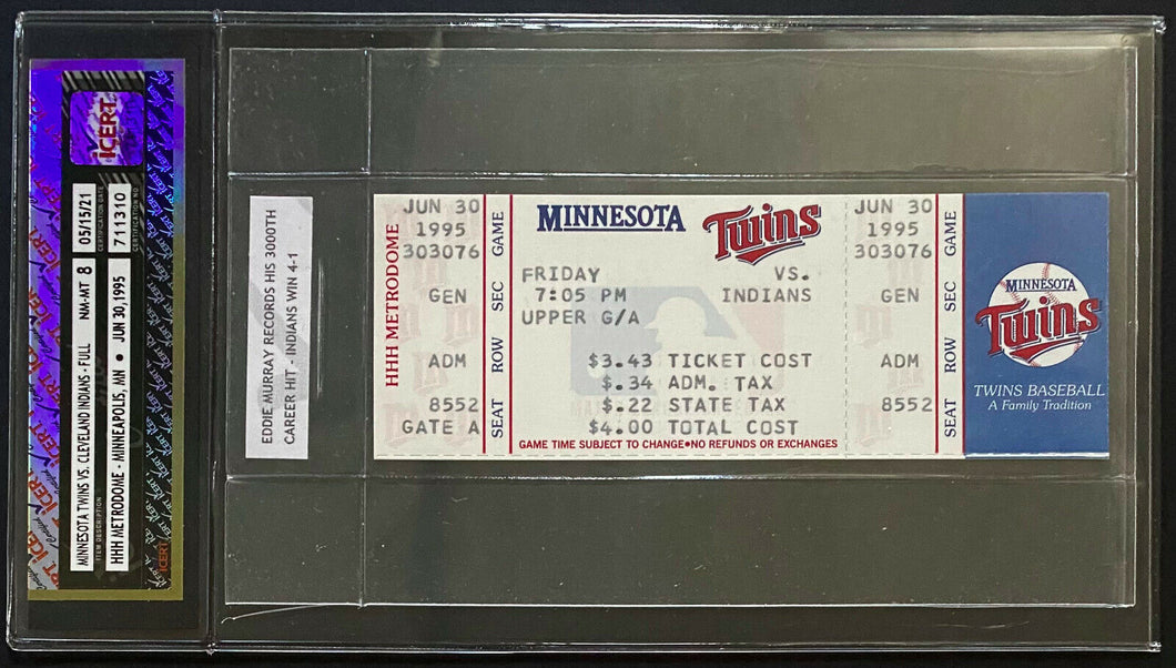 Eddie Murray 3000th Hit Full Ticket 1995 Metrodome MLB Twins vs Indians Graded