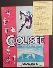 Load image into Gallery viewer, 1952 Quebec Junior A Hockey Program Windsor Spitfires vs Citadels + Player Cert
