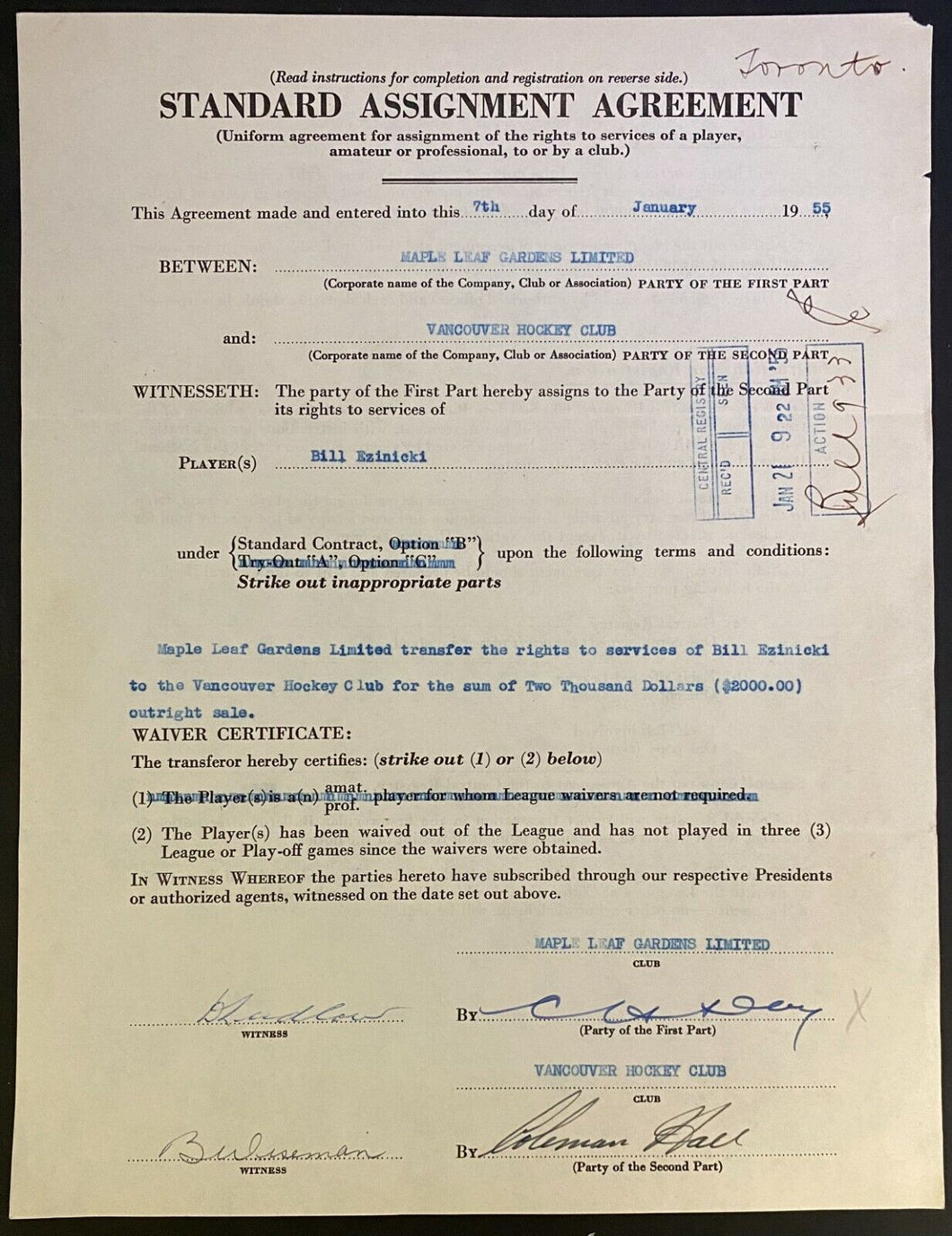 1979 NHL Hockey Trade Signed Contract Bill Ezinicki Leafs Hap Day Autographed