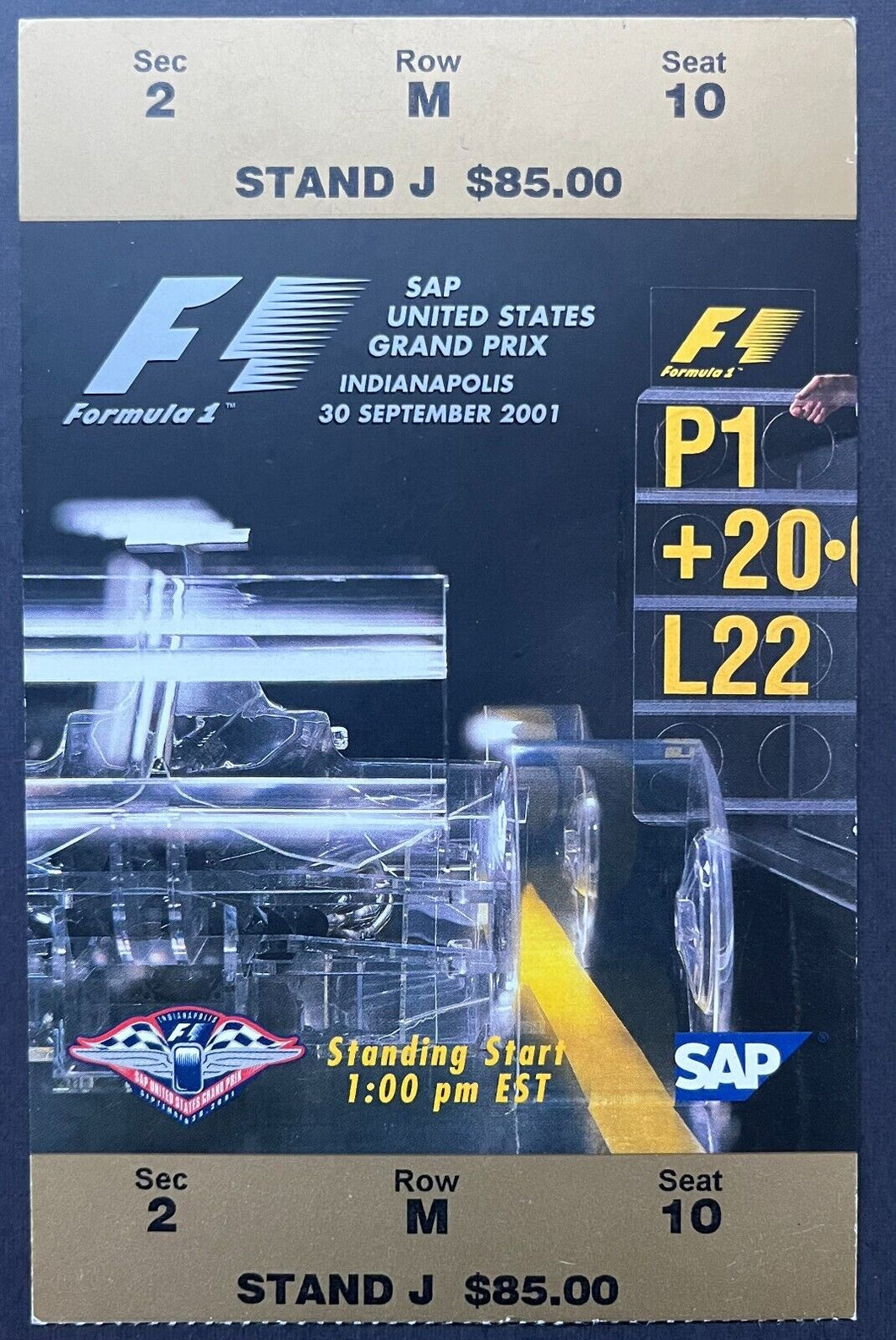 2001 F1 United States Grand Prix Ticket Stub Indianapolis Motor Speedway VTG