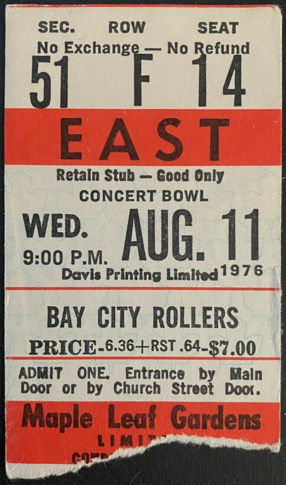 1976 Maple Leaf Gardens Bay City Rollers Concert Ticket Vintage Music Toronto