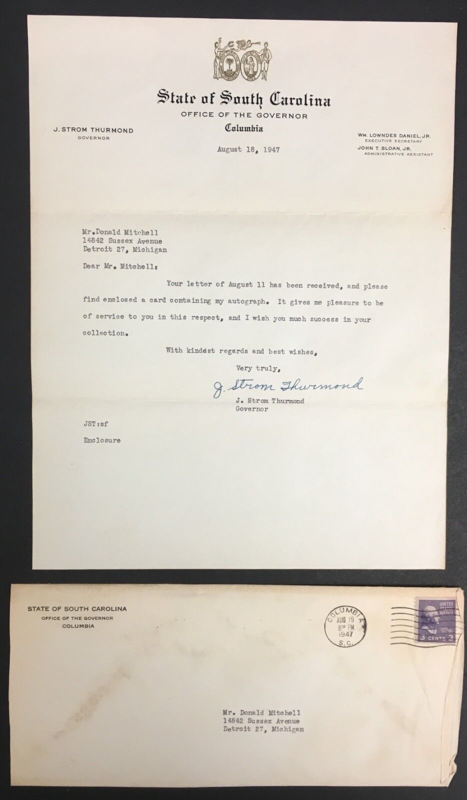 1947 Strom Thurmond Signed Letter State Of South Carolina Office Of Governor