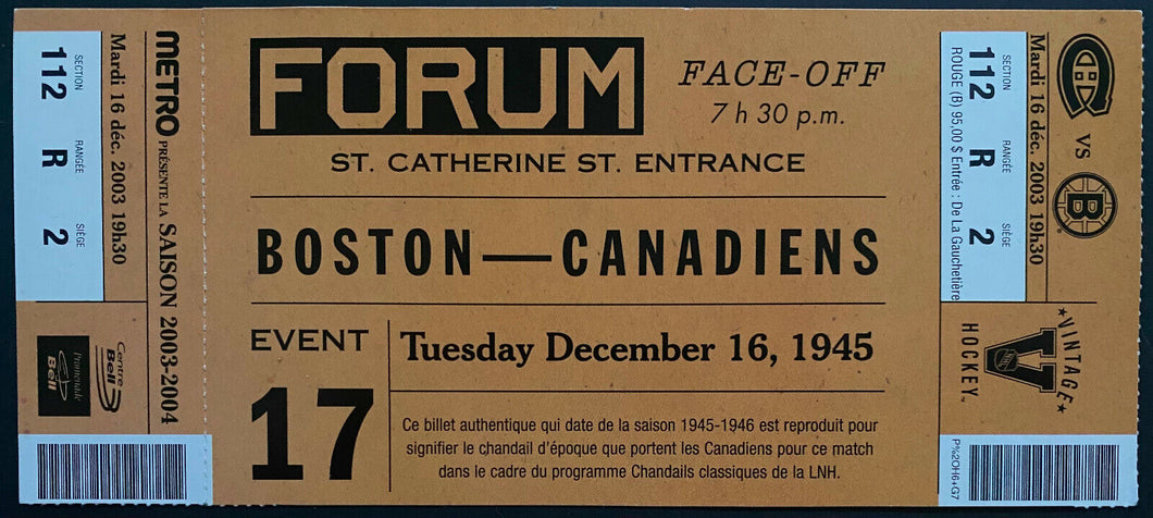 2003 NHL Hockey Montreal Forum 1945 Throwback Ticket Canadiens vs Boston Bruins
