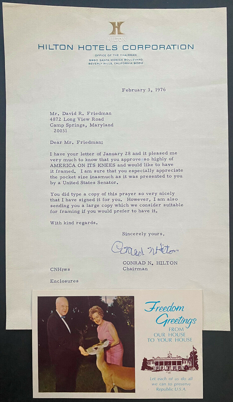 Conrad Hilton Autographed Signed Letter Hilton Letterhead + Family Card LOA