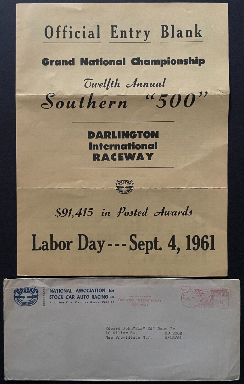 1961 Original Entry Form NASCAR Southern 500 Darlington Raceway