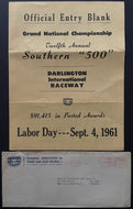1961 Original Entry Form NASCAR Southern 500 Darlington Raceway Vintage Racing