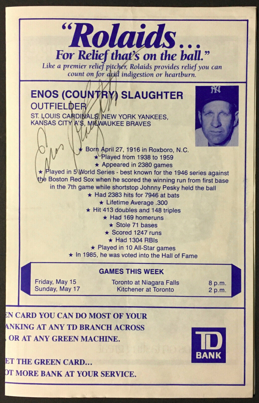 Enos Slaughter + Bobby Shantz Autographed Toronto Maple Leaf Baseball Promo