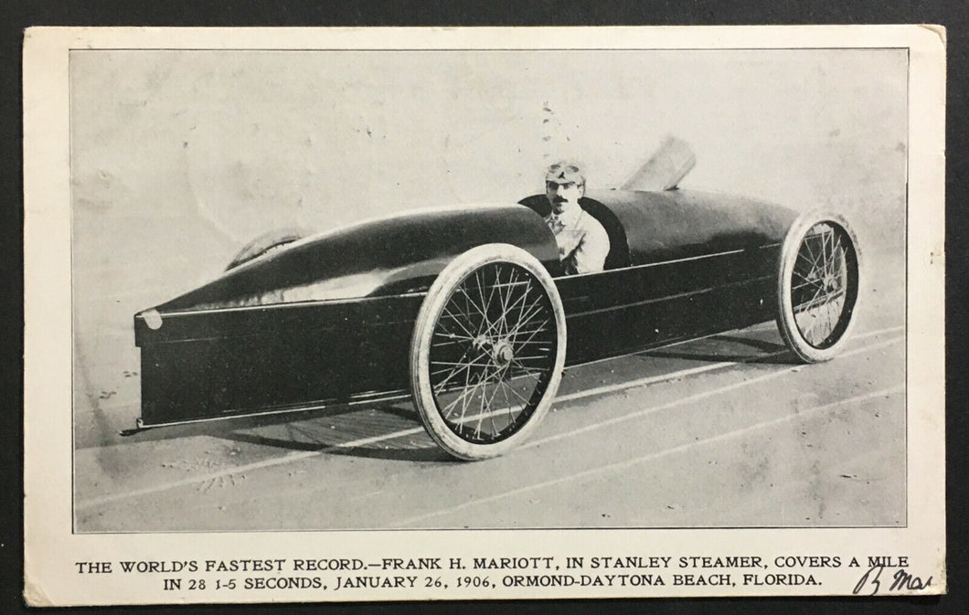 1906 Worlds Fastest Record Frank Marriott Postcard Stanley Steamer Daytona Rare
