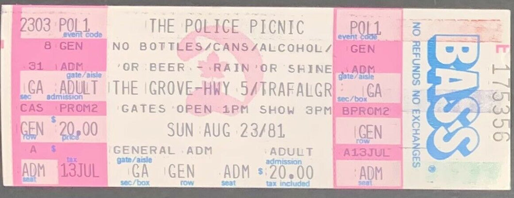 1981 The Police Vintage Full Unused Concert Ticket + At The Grove With Iggy Pop